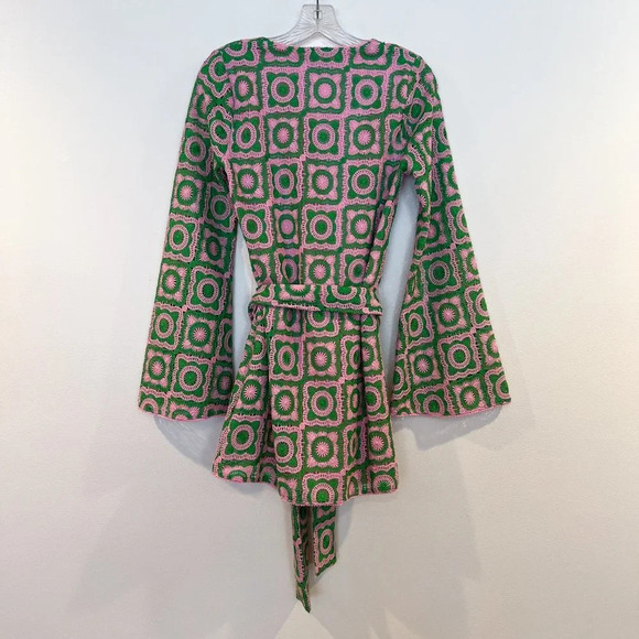 Show Me Your Mumu Treasure Green Pink Crochet Bell Sleeve Mini Dress XS NWT - Picture 11 of 11